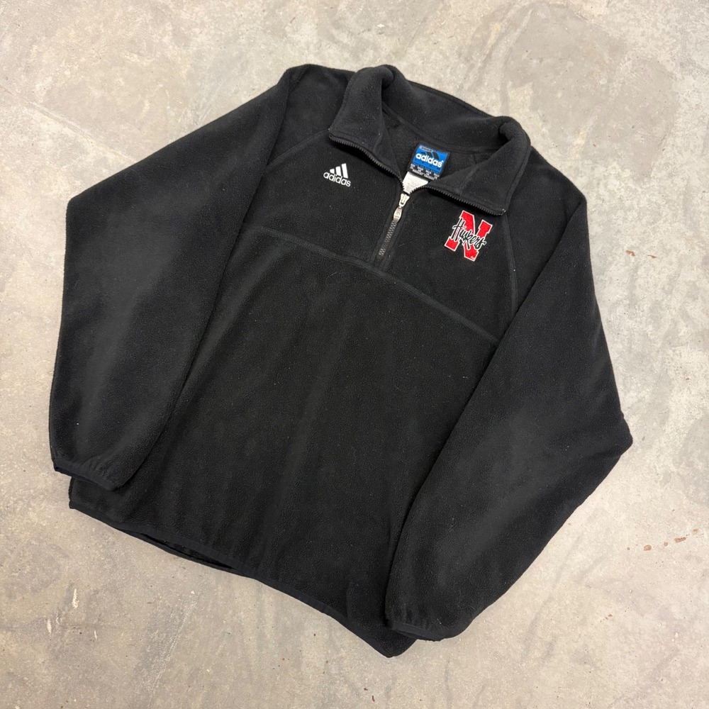 90s Mens Adidas Nebraska Huskers Quarter Zip Fleece Pullover Black XL